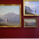 Auguste Veillon appréciait particulièrement les lacs helvétiques, qu'il peignait parfois en série. Ici, une barque lémanique représentée devant les Dents du midi.